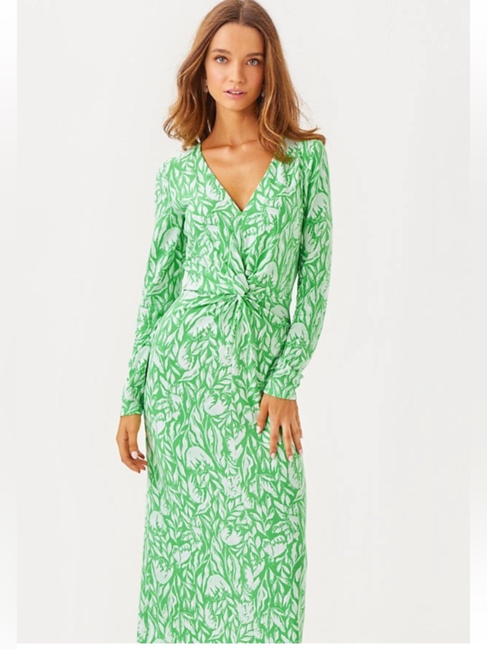 Lilly Pulitzer Green & White Leaf-Print Twist Front Maxi Dress Sz 12 NWT